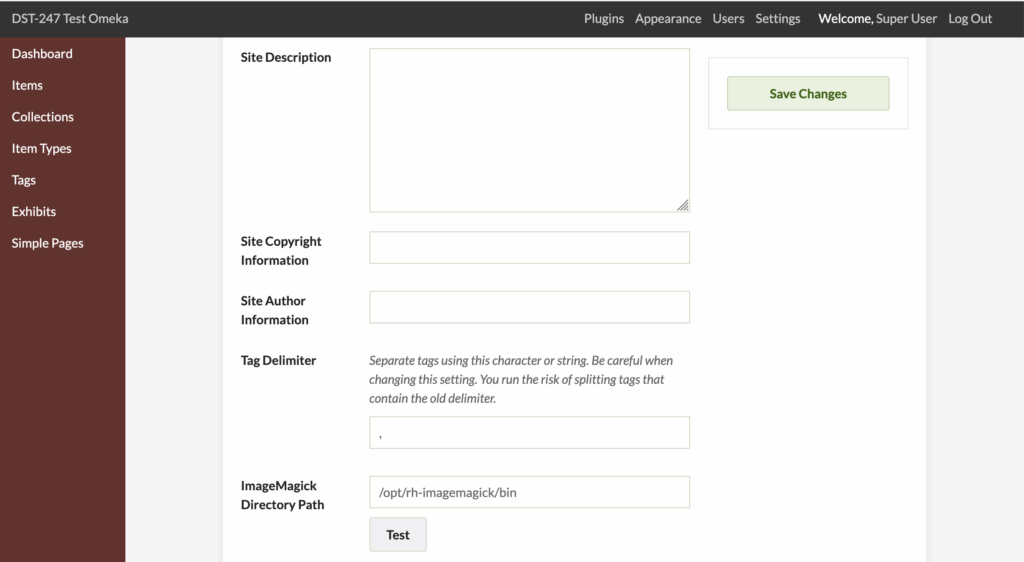 Screenshot of Omeka site settings on the back-end