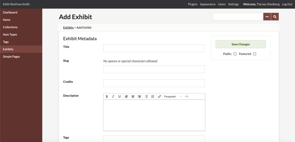 Screenshot of the "Add Exhibit" page in Omeka, with fields to fill out