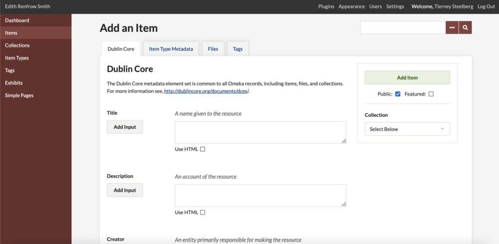 Screenshot of Omeka "Add an Item" page with Dublin Core metadata fields
