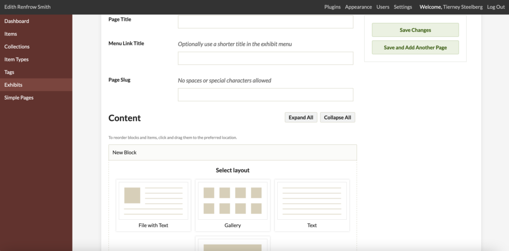 Screenshot of a new exhibit page in Omeka, with fields to fill out