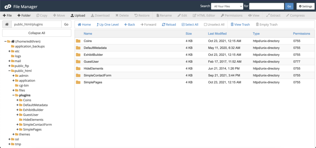Screenshot of an Omeka site plugins folder in the cPanel File Manager back-end