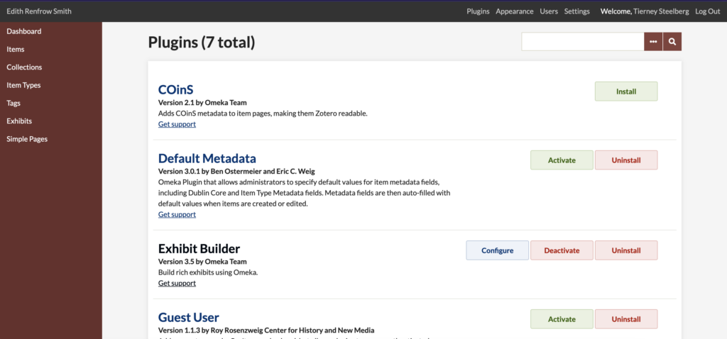 Screenshot of an Omeka site plugins page on the back-end