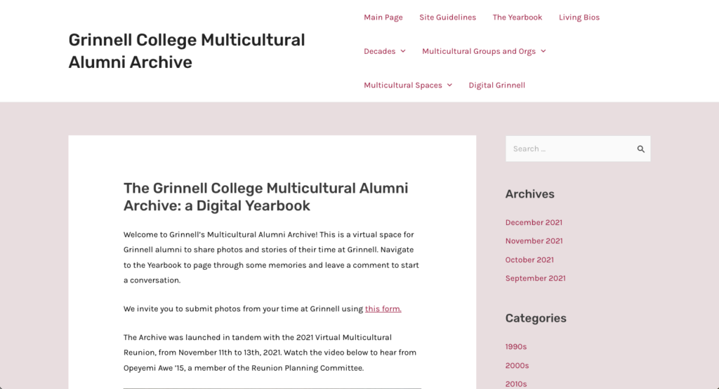Grinnell College Multicultural Alumni Archive homepage screenshot