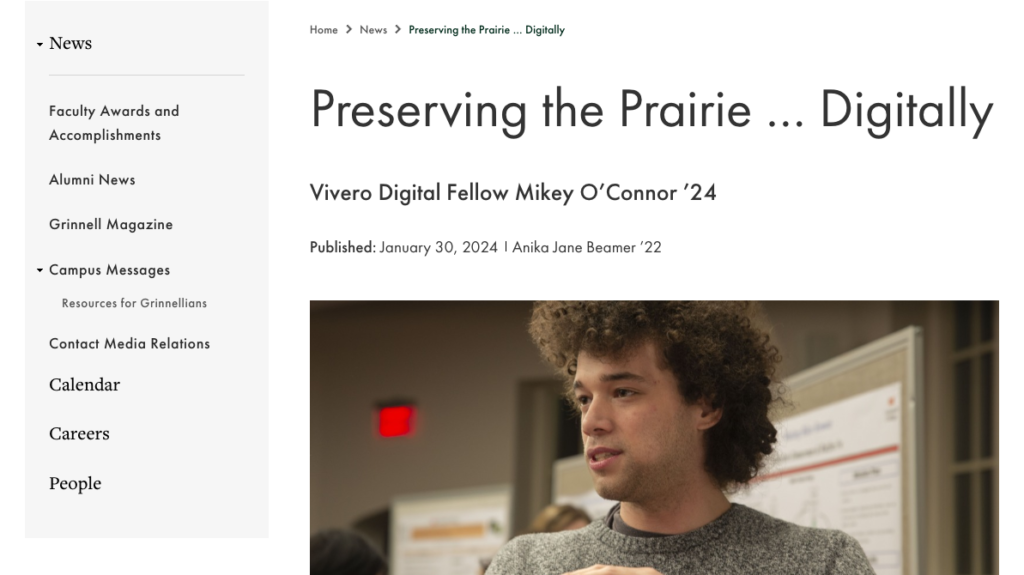 Screenshot of Grinnell College news article, featuring a picture of Vivero Fellow Mikey O'Connor