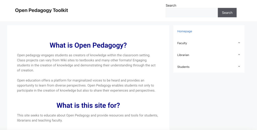 Screenshot of Open Pedagogy Toolkit website homepage