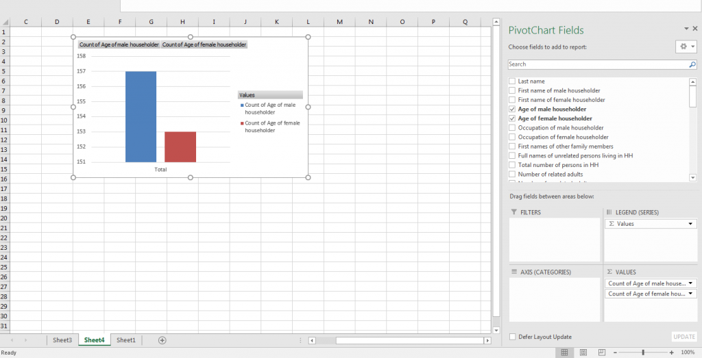 Excel PivotChart created using fields sidebar