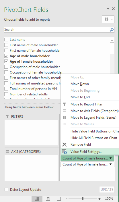 Excel PivotChart Fields selection