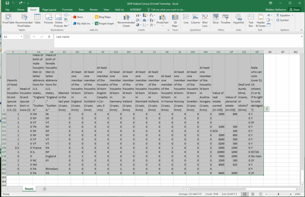 Excel spreadsheet with data cells selected