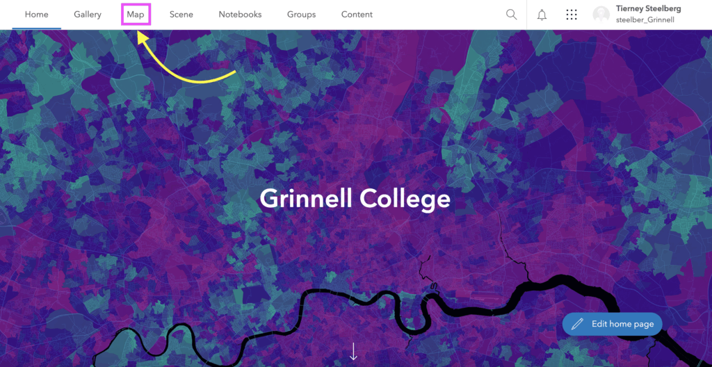 Screenshot of ArcGIS Online homepage with Map button annotated for visibility
