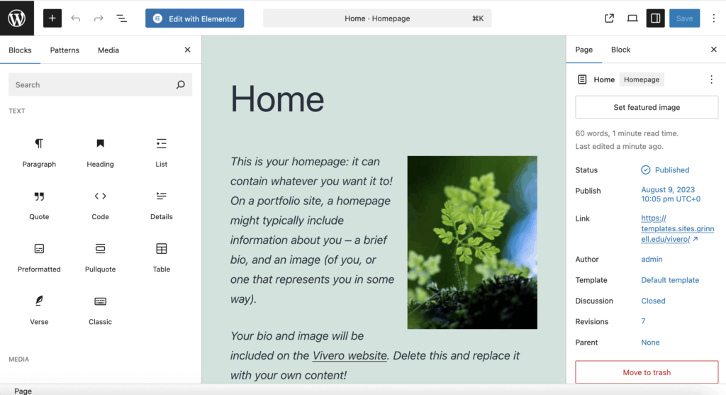 Screenshot of the Gutenberg Editor on a WordPress page, with text and image