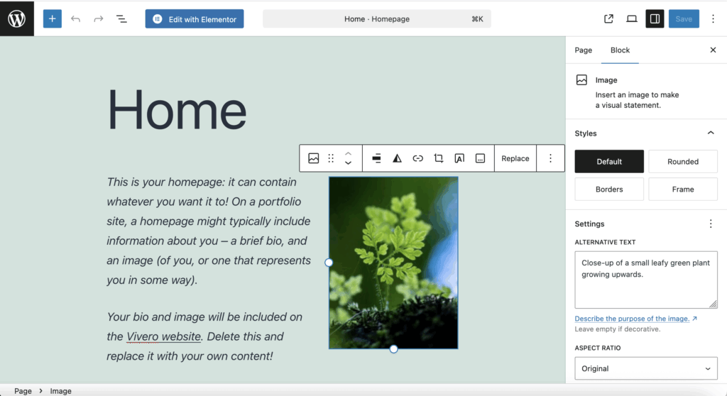 Screenshot of Gutenberg Editor in WordPress with an image block active