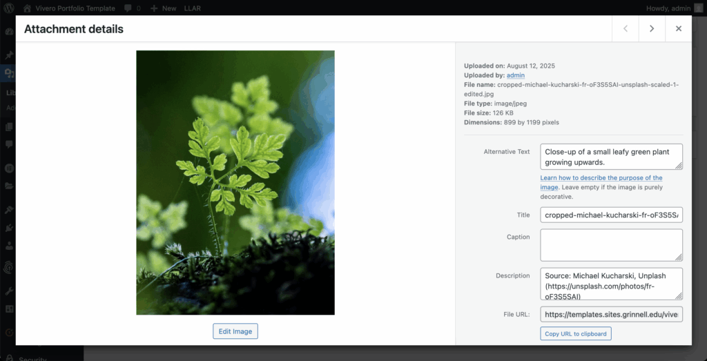 Screenshot of an image in the WordPress Media Library, with alt text