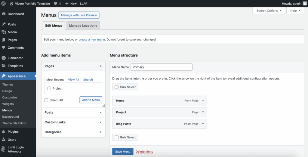 Screenshot of the WordPress Menu page