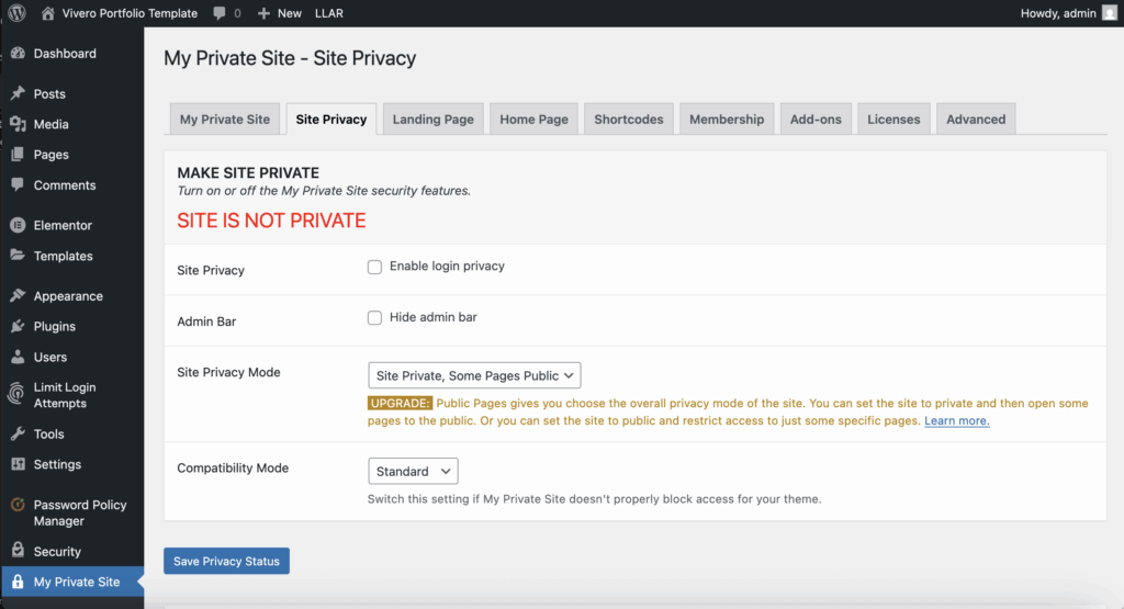 Screenshot of My Private Site plugin on WordPress site