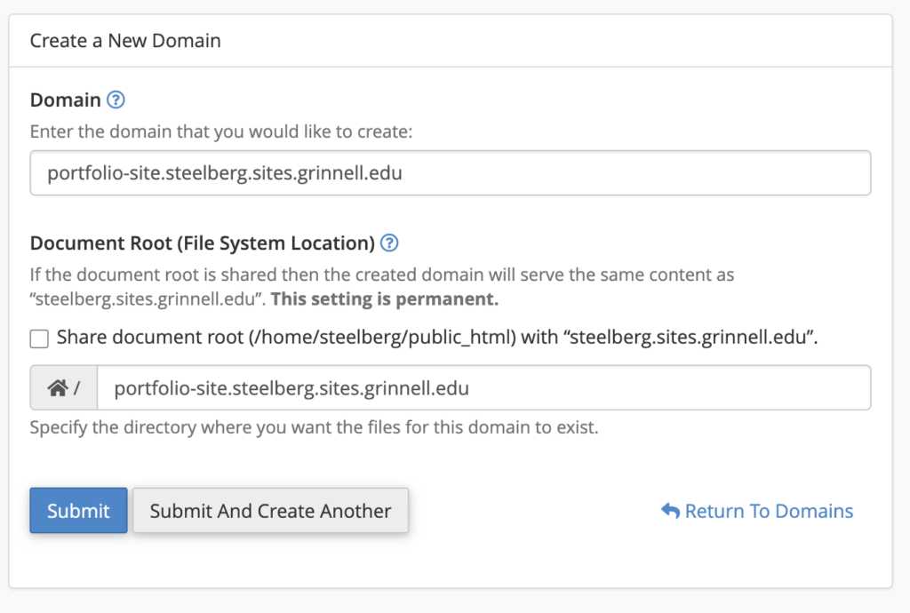 Screenshot of the subdomain naming page in cPanel
