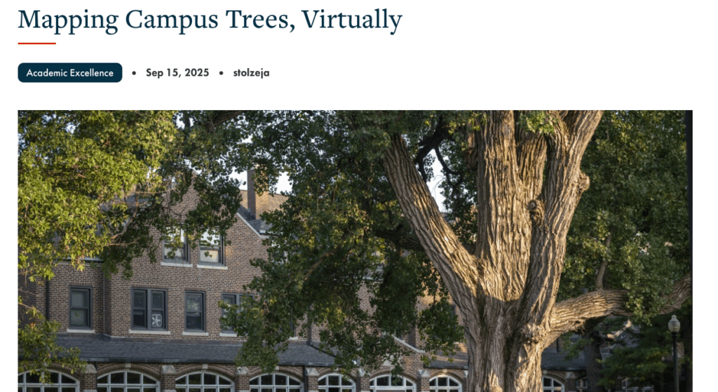 Screenshot of Grinnell College news article, featuring the Campus Tree Map project