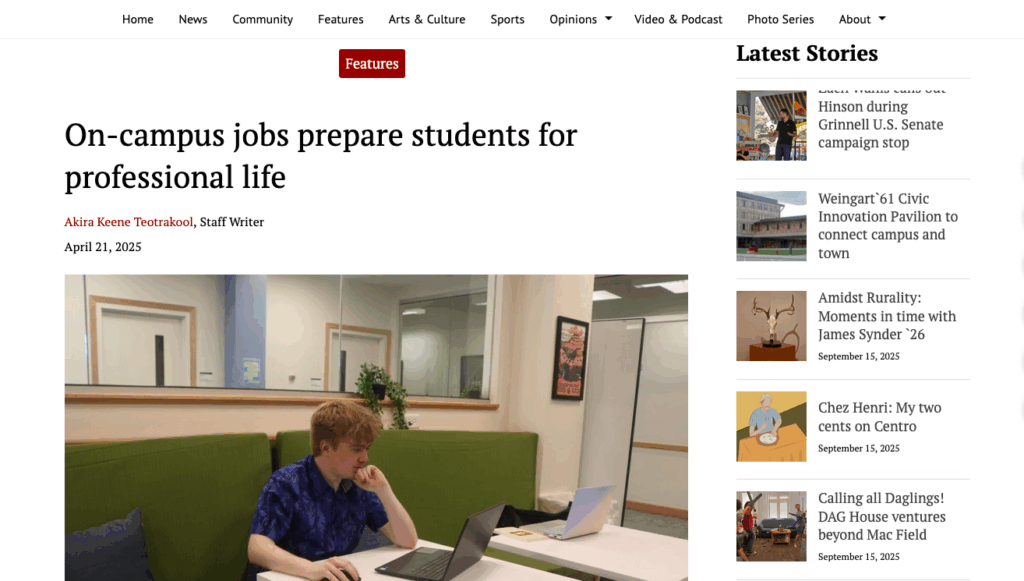 Screenshot of Scarlet & Black news article on campus jobs, featuring Vivero as an employer