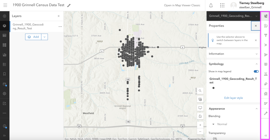 ArcGIS Online map with layer and right-hand properties pane highlighted in pink
