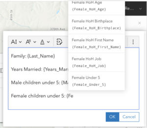 Screenshot of pop-up text being customized on an ArcGIS Online map