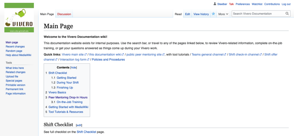 Screenshot of Vivero Documentation wiki homepage