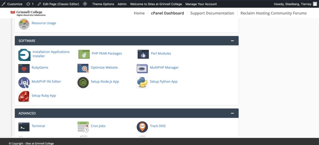 Screenshot of the cPanel homepage Software section
