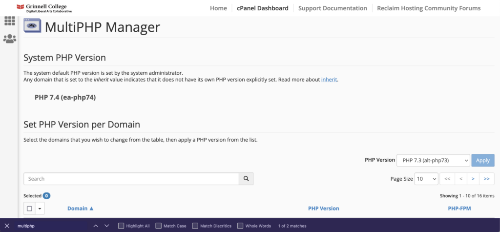 Screenshot of cPanel's MultiPHP Manager System PHP Version