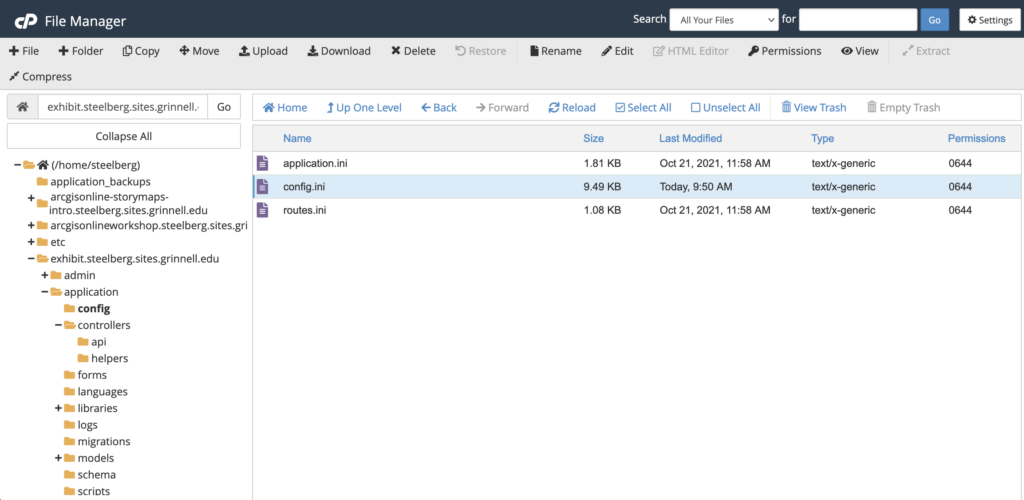 Screenshot of Omeka subdomain folders in File Manager, with config.ini file highlighted