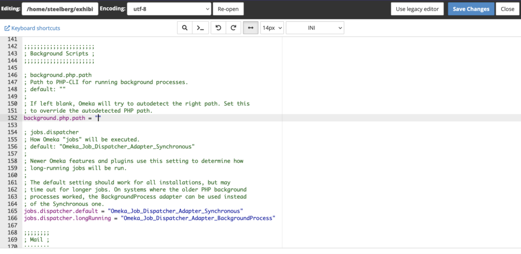 Screenshot of blank background PHP path in Omeka site config.ini file