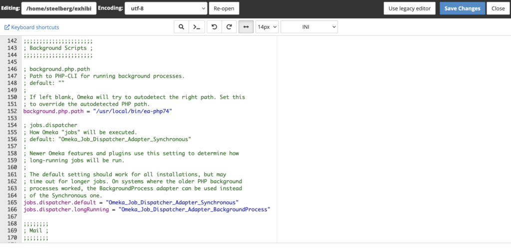 Screenshot of background PHP path set correctly in Omeka site config.ini file