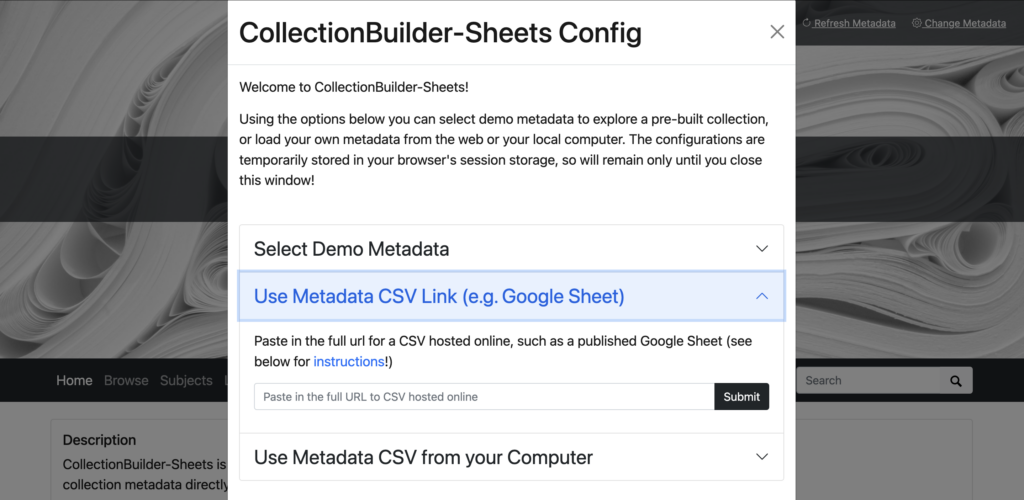 Screenshot of CollectionBuilder-Sheets metadata CSV link input
