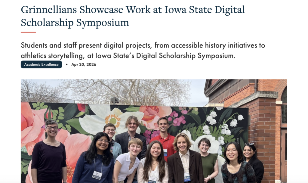 Screenshot of article about Grinnell student presentations at ISU Digital Scholarship Symposium