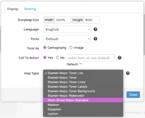 Screenshot of StoryMapJS map display options