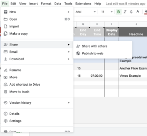 Screenshot of Google Sheets "Publish to the Web" sharing option.