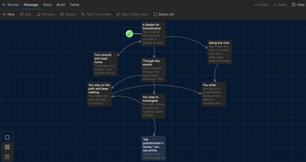 Screenshot of the editing view of a Twine game. Passages appear as small boxes with lines showcasing how they connect. There is a menu at the top.
